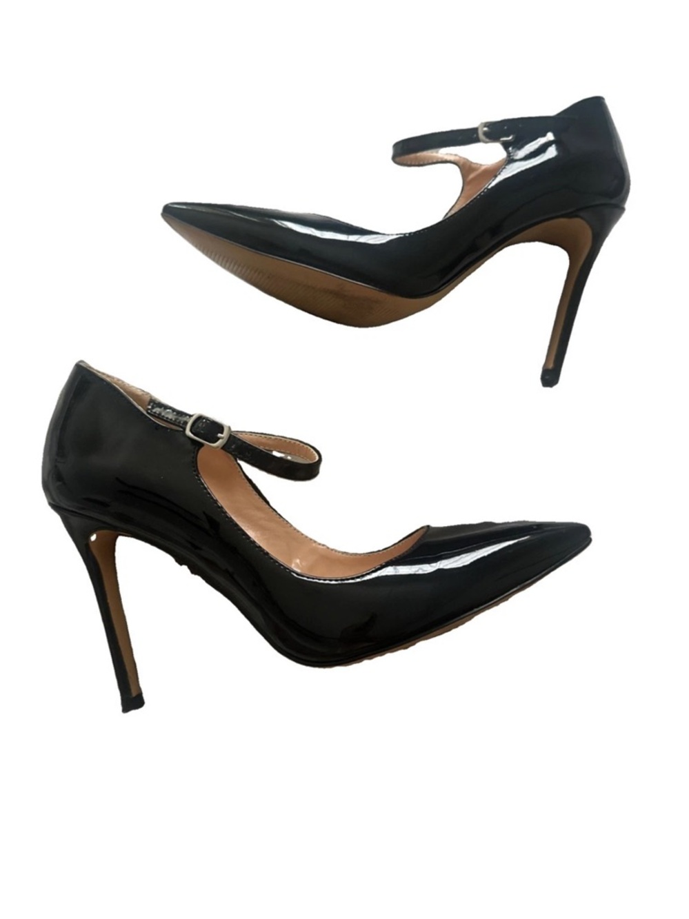 Women's Black Pointed Toe Ankle Strap Patent Stiletto Pumps, Size 7